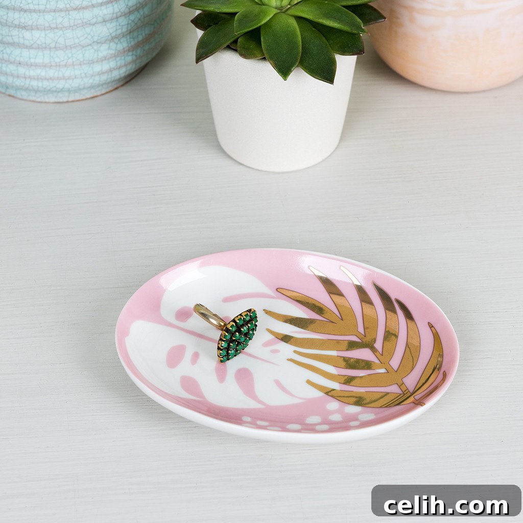 Small pink, white and gold tropical palm design trinket tray