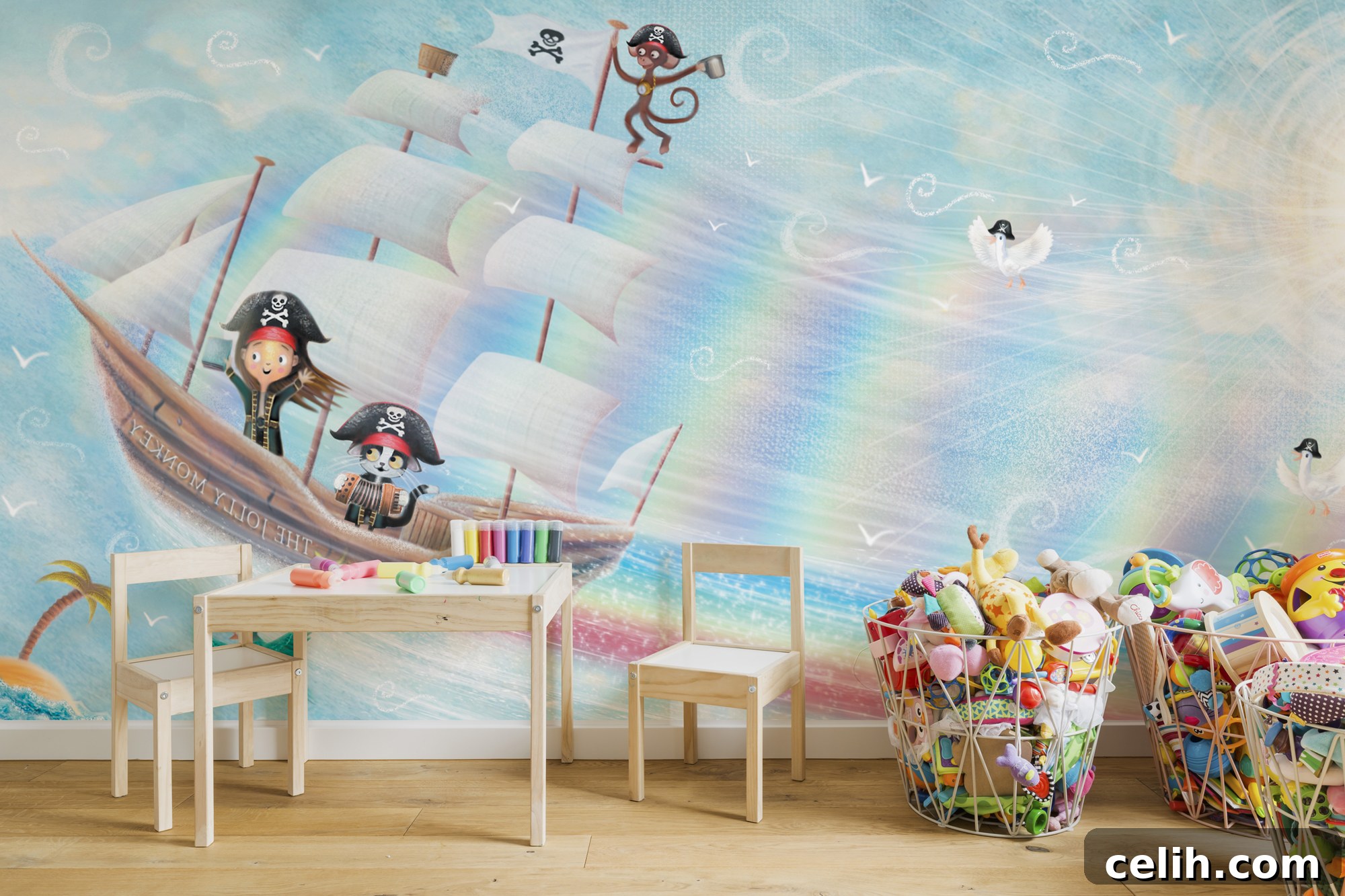 Transform Your Space with a Stunning Wallsauce Mural 10 'Flying Pirate Ship' Wallpaper Mural by Patrick Brooks at Wallsauce.com