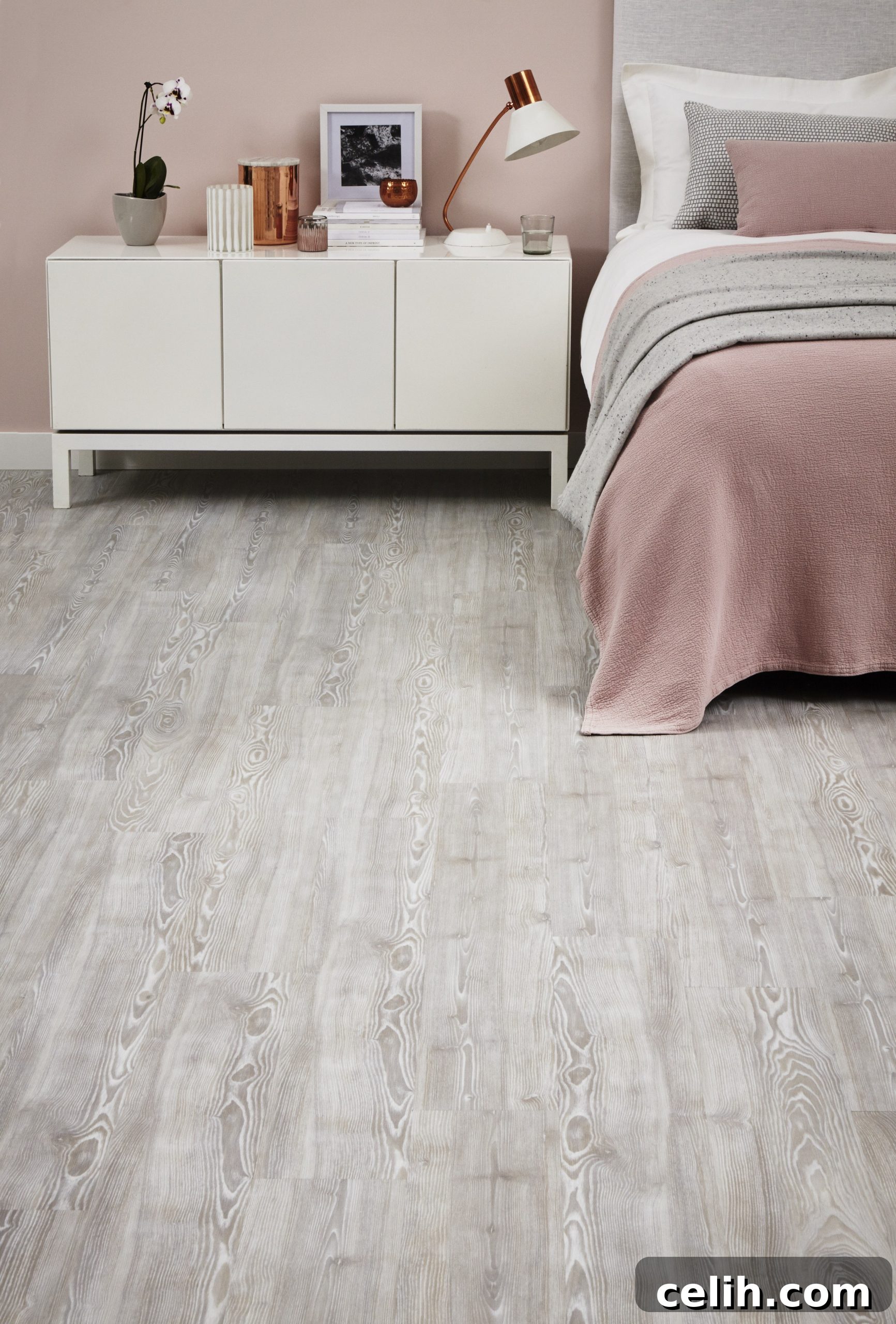 Gorgeous grey ash flooring by Amtico, pairing beautifully with soft blush pinks