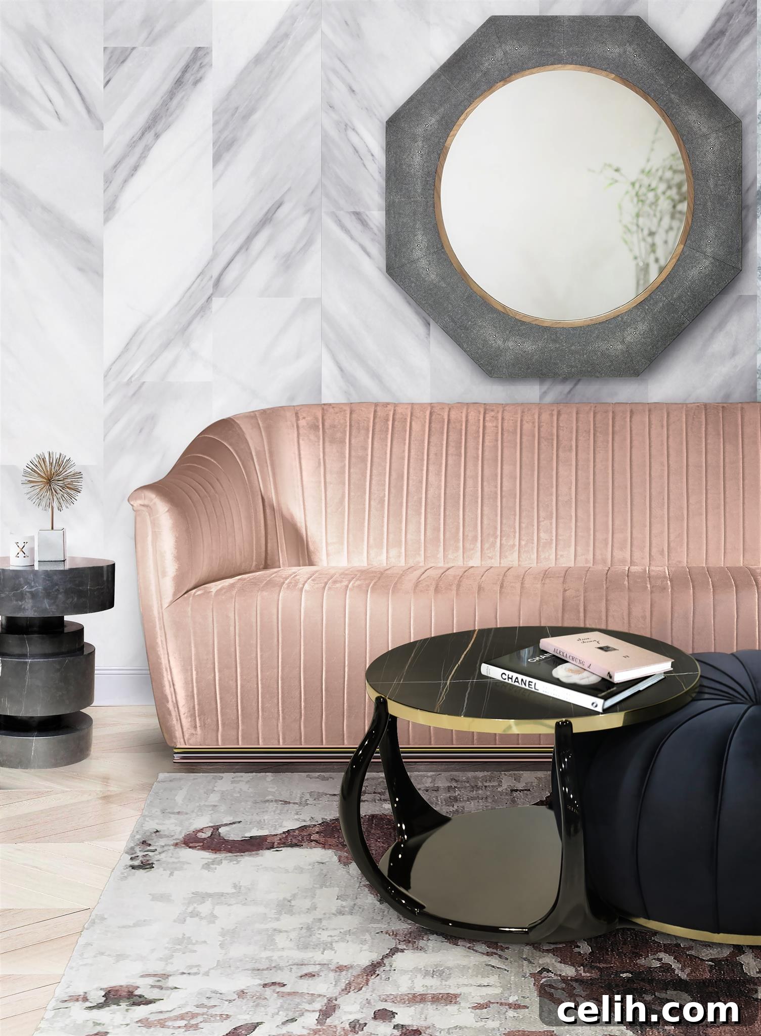 Contemporary living room featuring a striking pink velvet sofa, harmonizing with grey elements