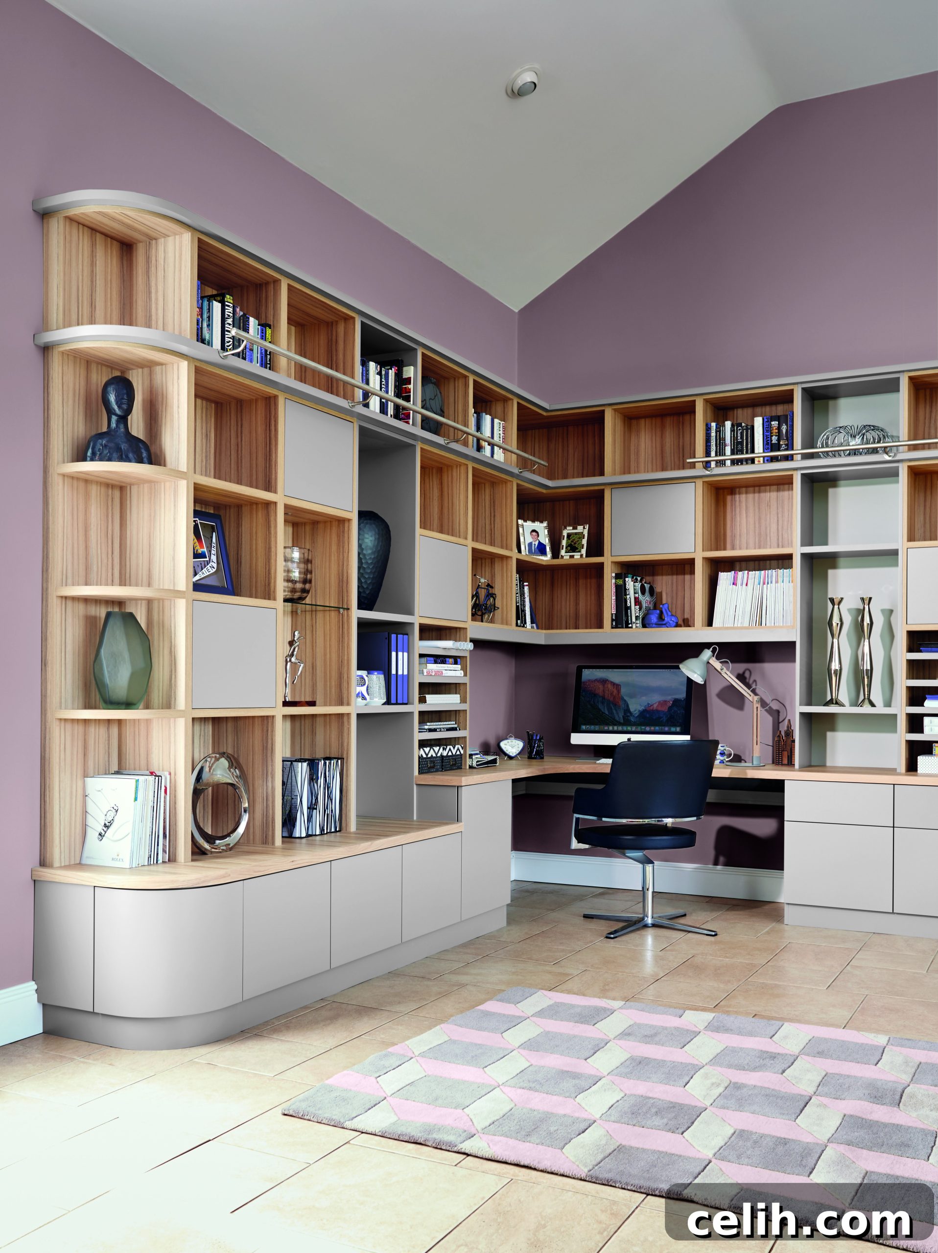 Elegant grey home office design demonstrating how various shades of pink complement grey