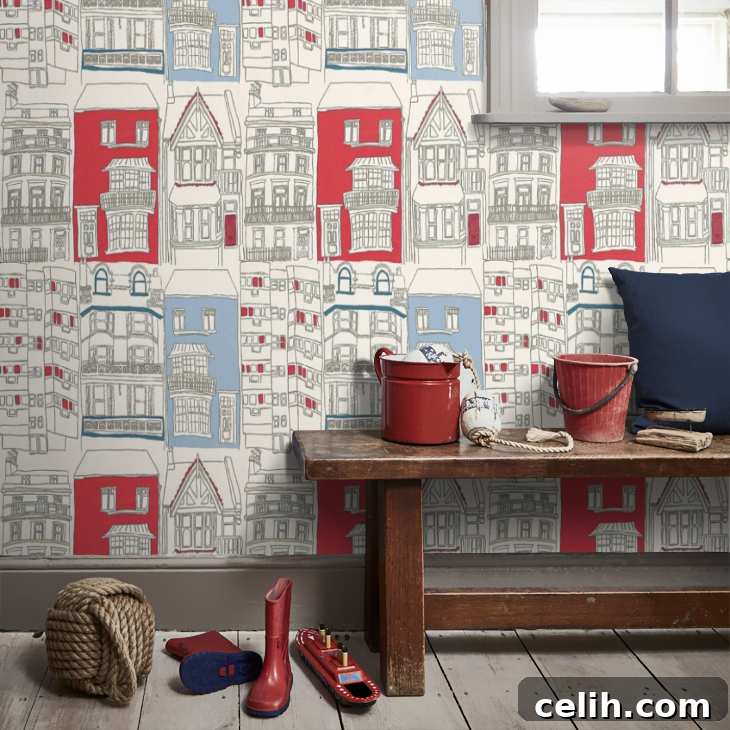 Style Your Walls for Less: Wallpaper Sale 4 Fun and cheerful Brighton townhouse design wallpaper in the classic British colours of red, white and blue.