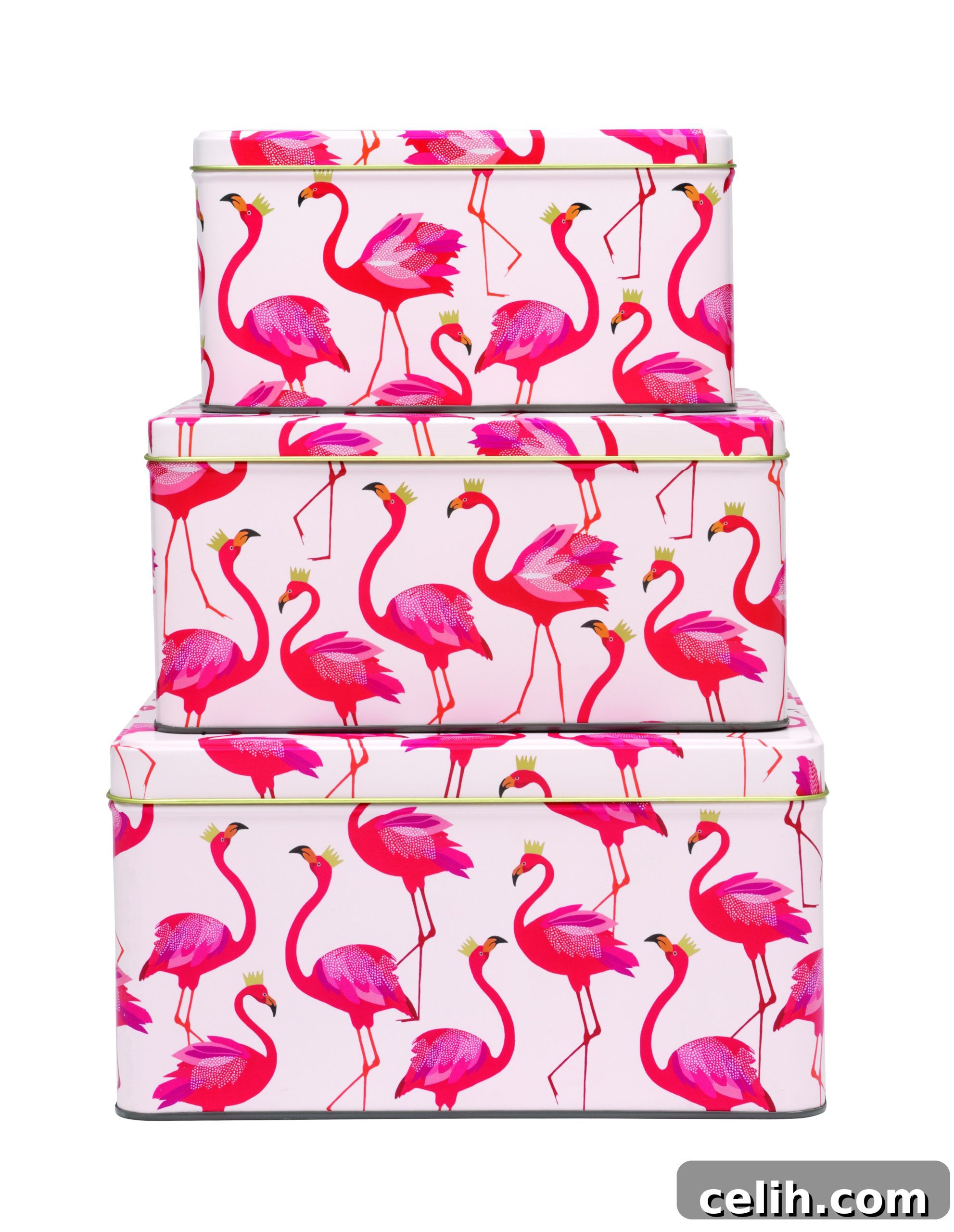 Love this set of three square cake tins with pink flamingo designs