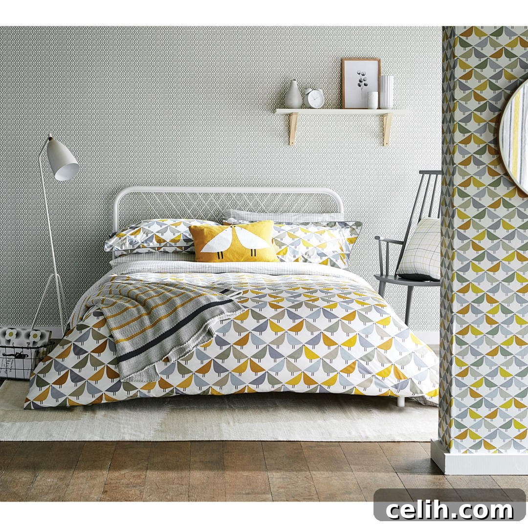 On trend yellow bedding with a cute graphic bird design 