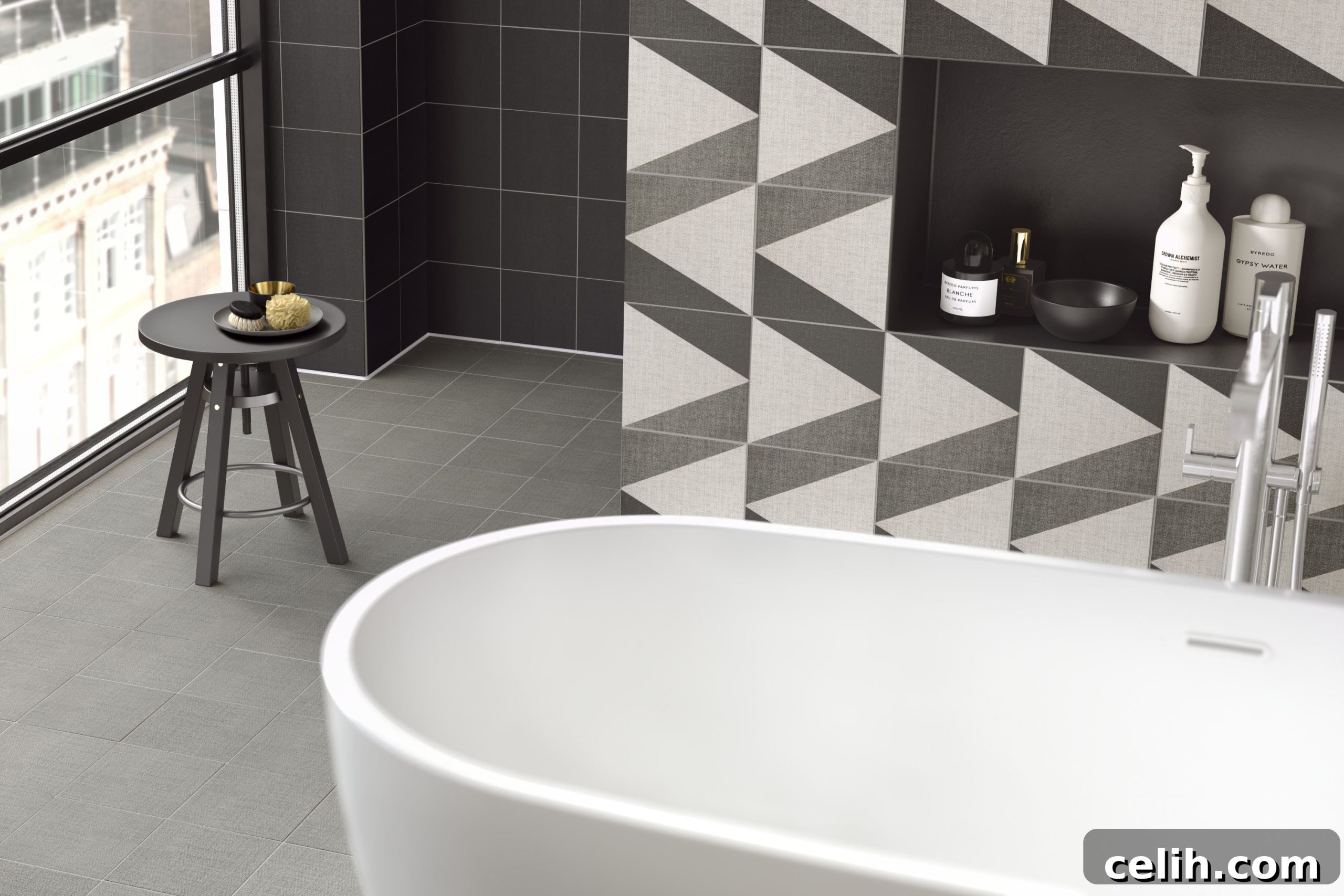 Stunning textural effect geometric wall and floor tiles for modern bathrooms