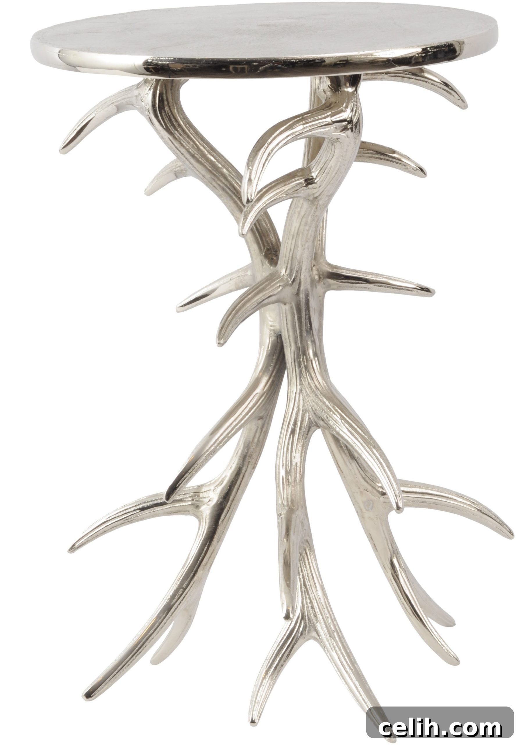 Unique Scandi-style antler design side table in textured nickel finish.