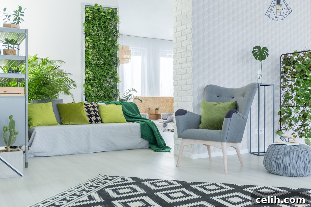 Walls That Unlock Interior Freedom 2 Stunning vertical living wall with lush green plants, effectively zoning a modern interior space and enhancing air quality.