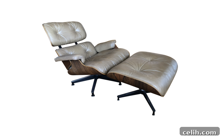The iconic Eames Lounge Chair, a masterpiece of mid-century modern design, crafted from molded plywood and sumptuous leather for ultimate comfort.