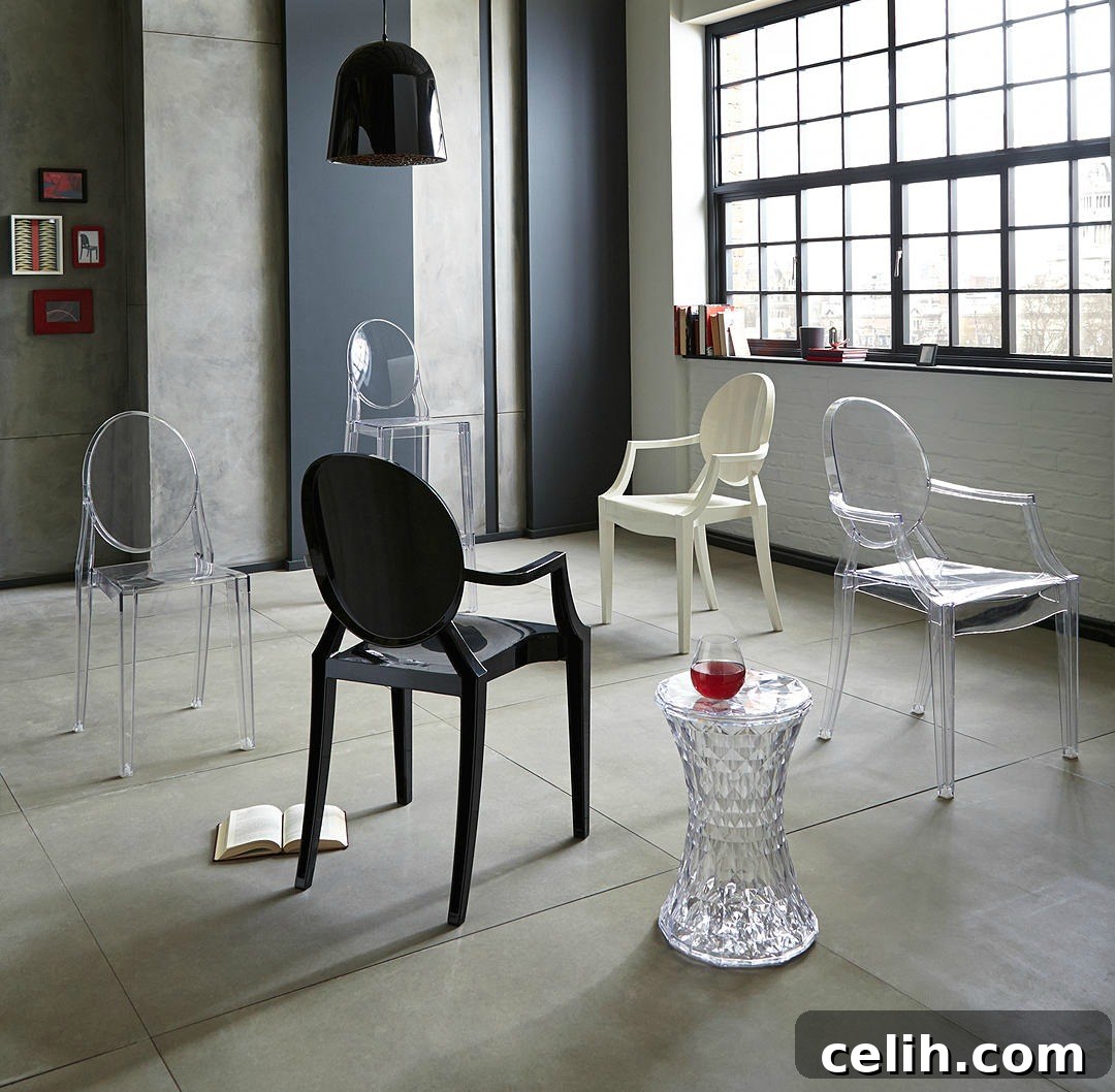 The Philippe Starck Louis Ghost Chair for Kartell, a transparent and contemporary reinterpretation of a classic Louis XVI armchair, ideal for modern spaces.