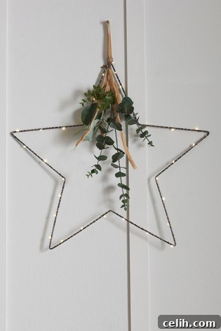 Deck the Halls with Amazing Christmas Wreath Hanging Ideas 9 Elegant minimalist star design Christmas wreath, crafted from metal and pre-lit with 30 LED lights and subtle foliage. Ideal for modern, understated holiday decor on a wall or door.