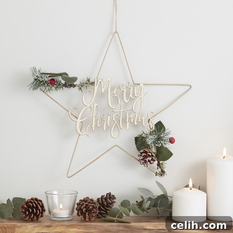 Deck the Halls with Amazing Christmas Wreath Hanging Ideas 10 Gold metal star design Christmas wreath with wooden 'Merry Christmas' wording and subtle foliage and berries, offering a lovely minimalist and rustic decoration for your home.