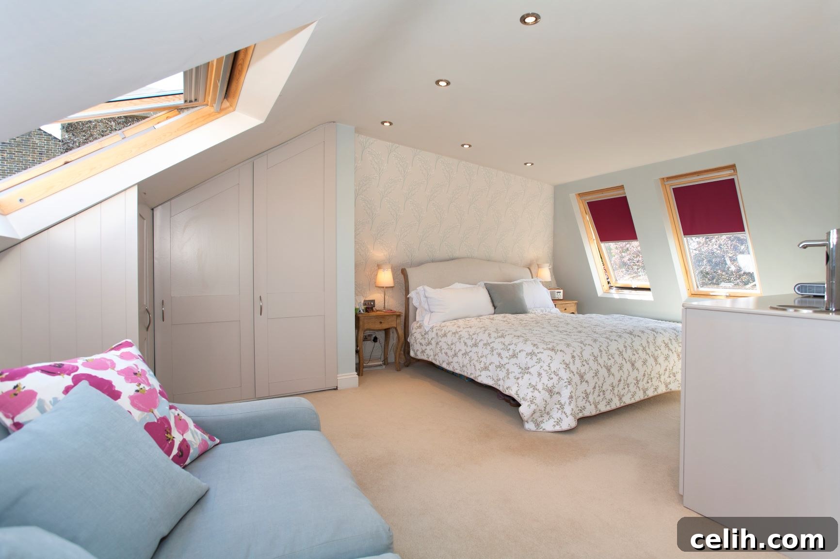 Ideas for suitable colors to use to style a loft conversion, creating a cosy and calm look in a loft bedroom.