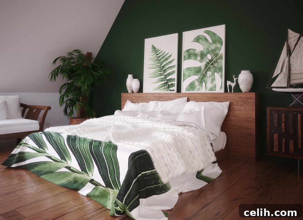 A nice idea for how to style a loft conversion, using a dark green feature wall and wooden flooring for a striking effect.