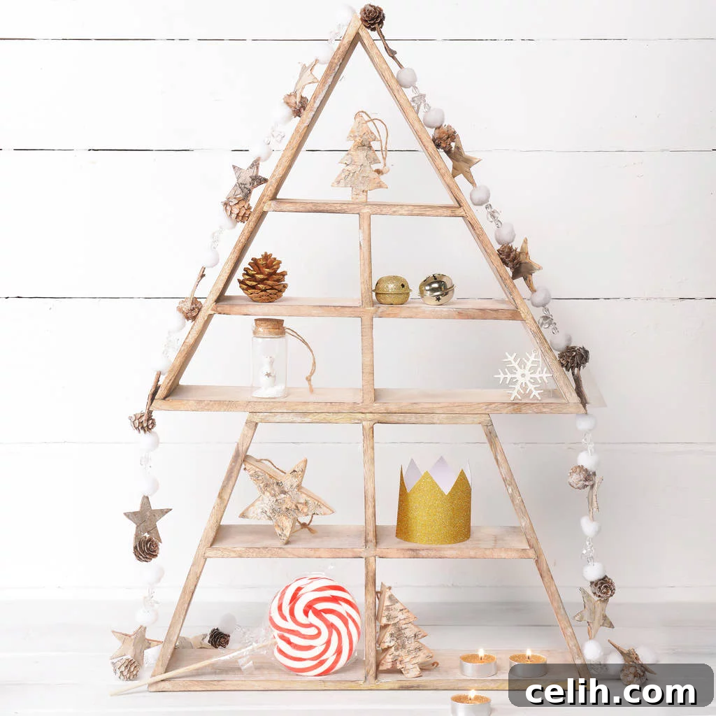 Display small Christmas treasures and trinkets on this Christmas tree shelf