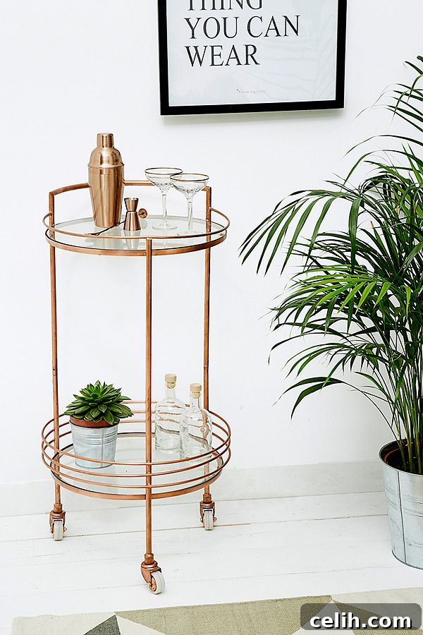 Curated Bar Carts For The Perfect Home Happy Hour 2 Chic and stylish Leila slim round copper bar cart drinks trolley