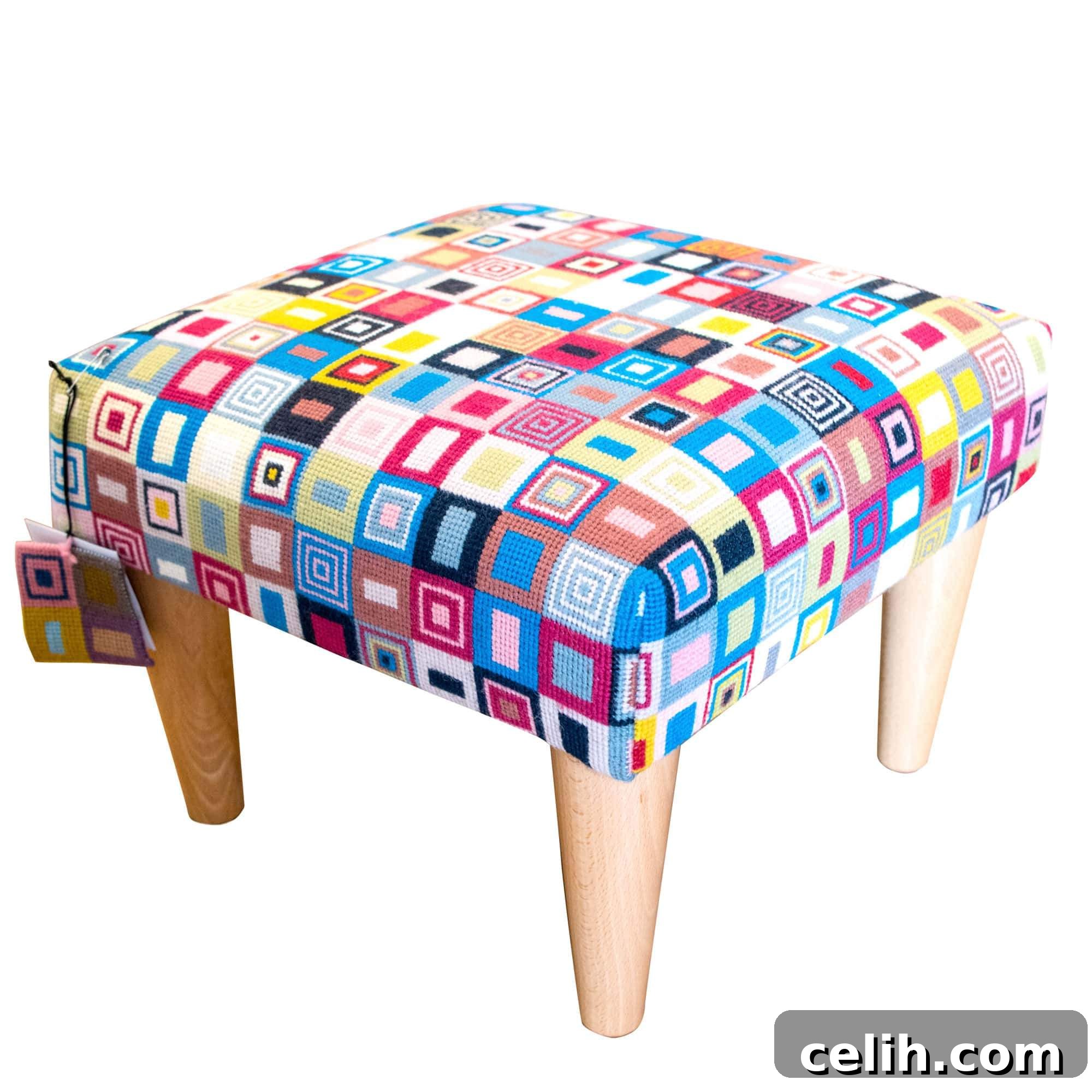 Love this hand stitched needlepoint geometric design footstool, a unique piece of art