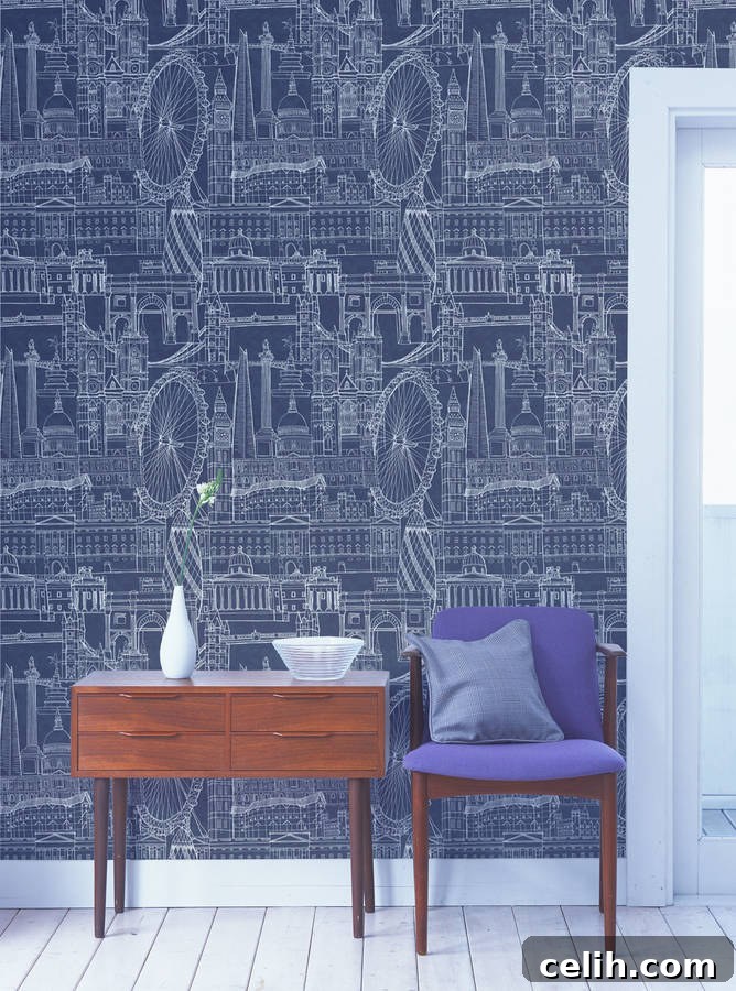Bring the iconic London skyline into your home with this blue wallpaper design