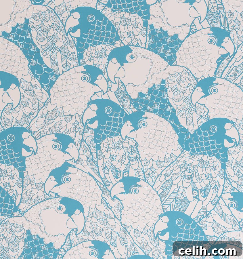 Contemporary playful blue wallpaper in chatty parrots design