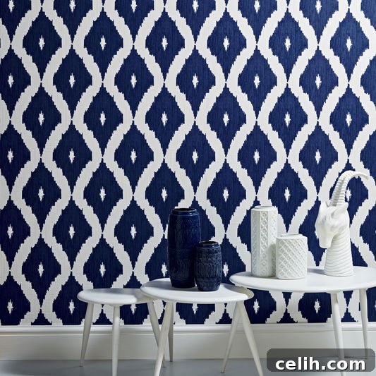 Kelly Hoppen Ikat design blue wallpaper for Graham and Green