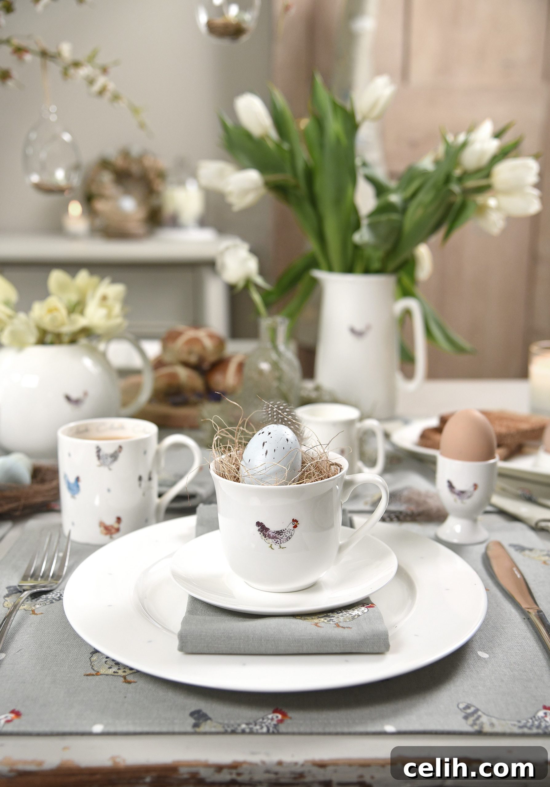 The chicken design egg cups and other crockery make easy Easter table decoration ideas from Sophie Allport 