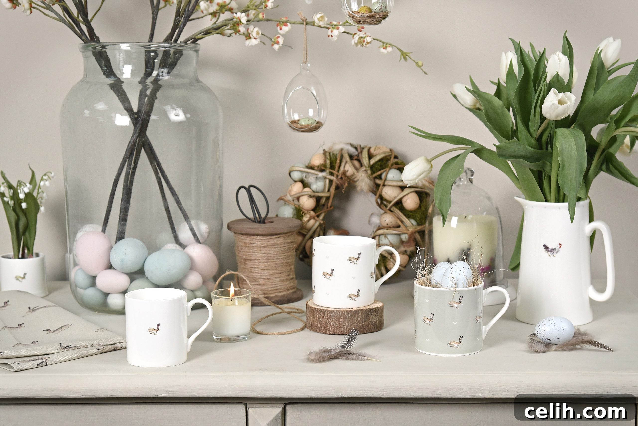 Easter table ideas from Sophie Allport include these cute bunny and seed design mugs. All the ceramic are bone china and beautifully produced