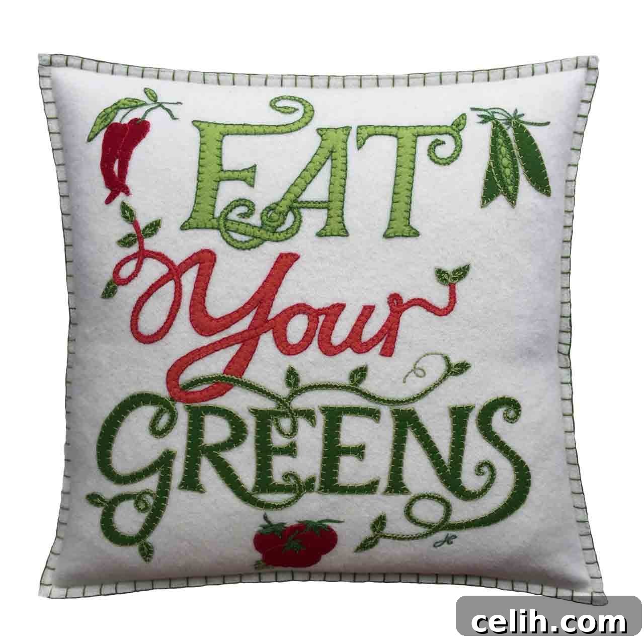 Jan Constantine vegetable collection includes this Eat Your Greens cushion with a cream felt background
