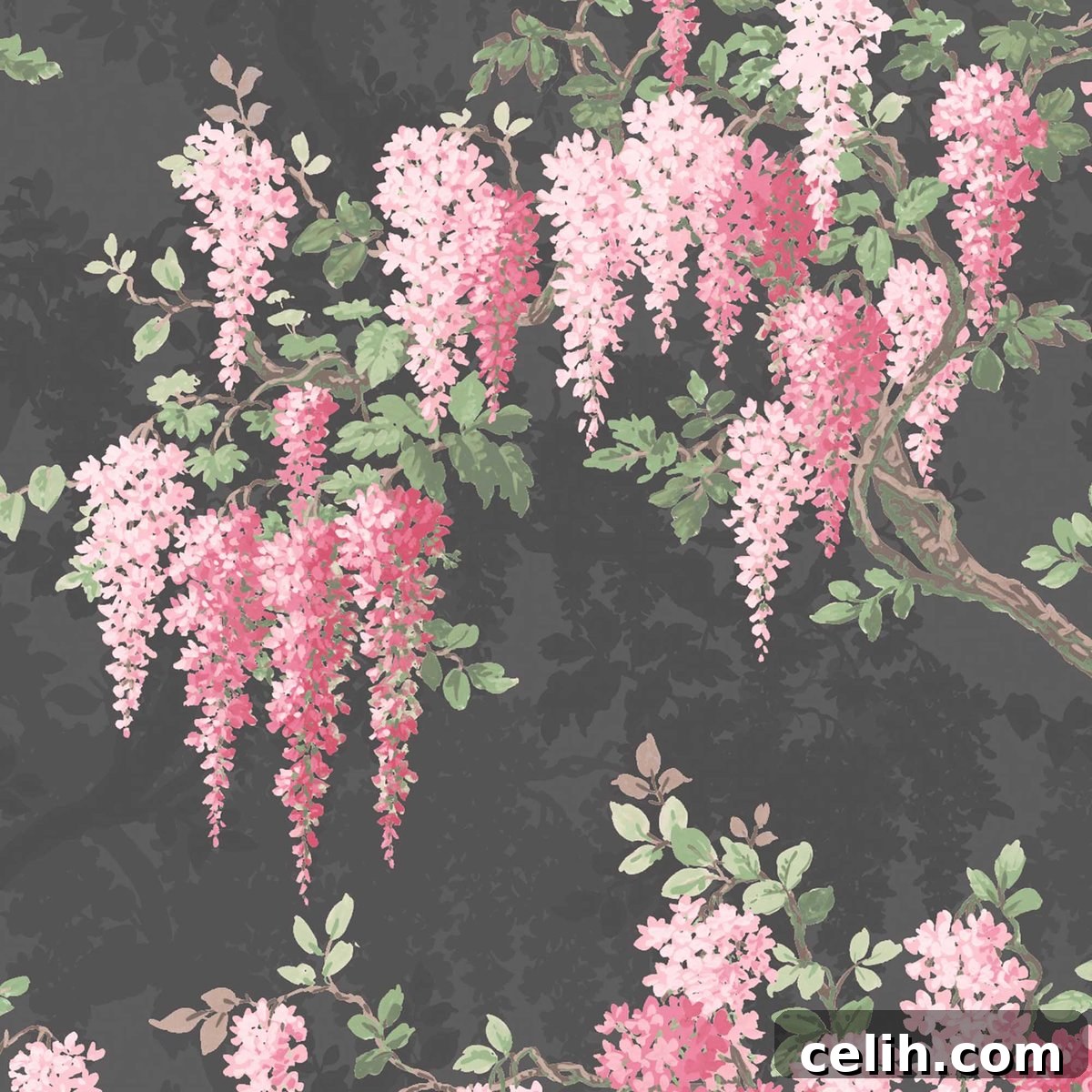 Elegant Wisteria floral wallpaper in Noir Black velvet by Pearl Lowe, adding sophisticated drama to interiors