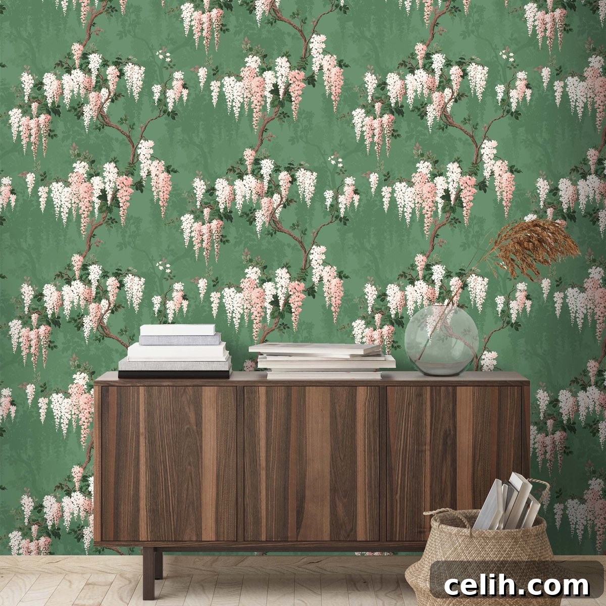 Vibrant Wisteria floral wallpaper design evoking spring and natural beauty, enhancing home decor
