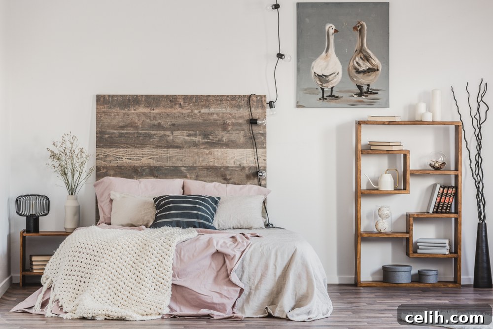 The modern country chic style works well as a bedroom interior design scheme