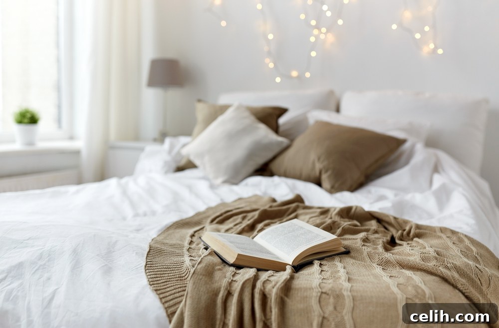 Lovely ideas for adding texture, colour and soft lighting to a white bedroom