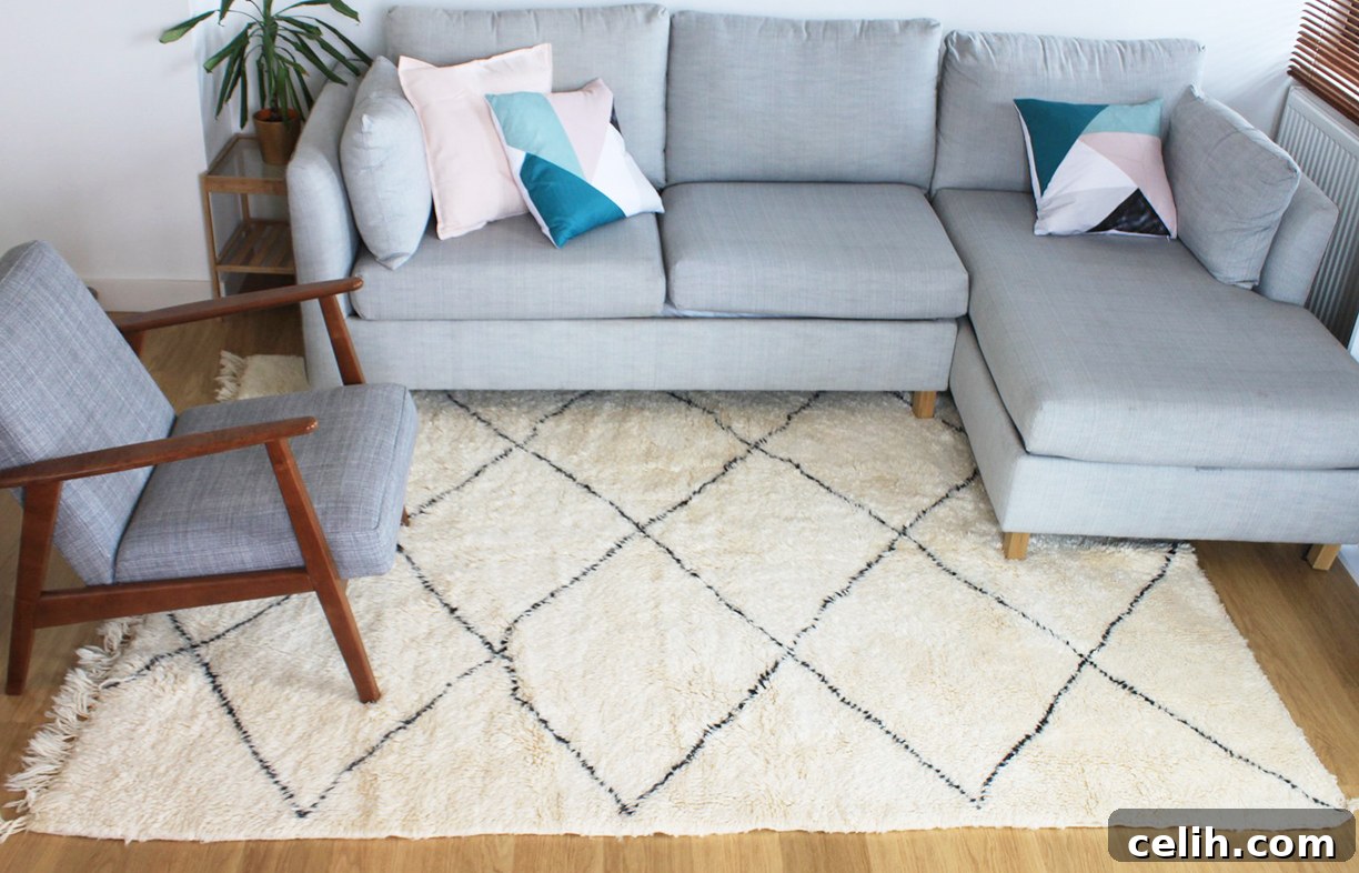 Classic Beni Ourain Berber artisan made Moroccan rugs, showcasing minimalist design and luxurious texture.