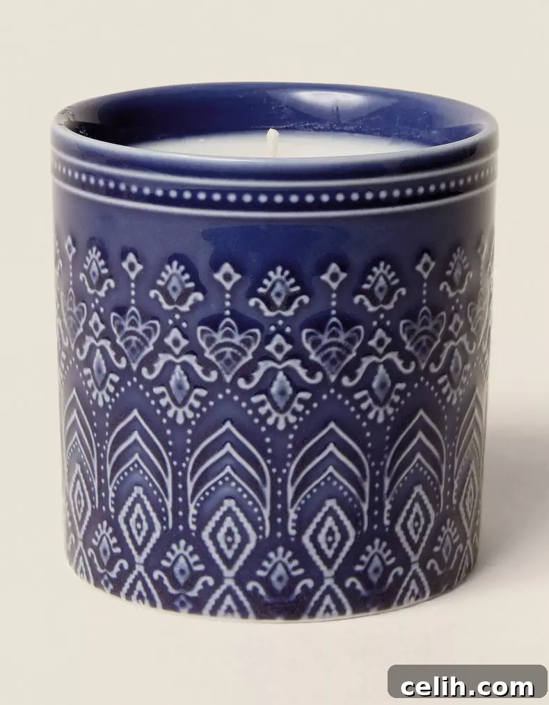 Fat Face Homeware: Must-Have Essentials for Autumn Winter 2019 7 Fat Face Embossed Candle, a blue ceramic scented candle with vanilla and amber notes for a cozy home atmosphere