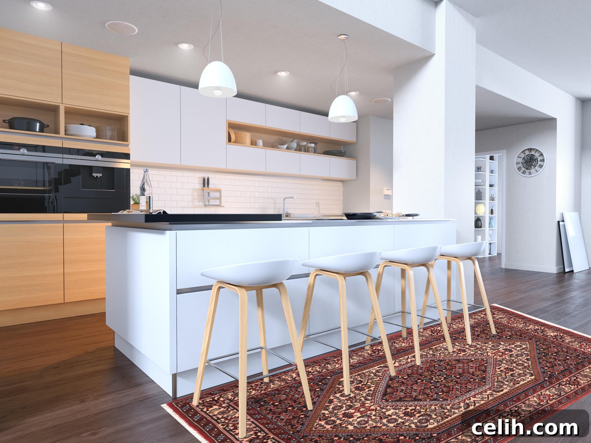 Elevate Your Decor with Grand Handmade Rugs 4 This is a nice idea to use a large rug to define the kitchen bar seating area, adding a touch of style.