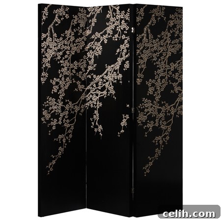 Black oriental screen with hand-carved cherry blossom design