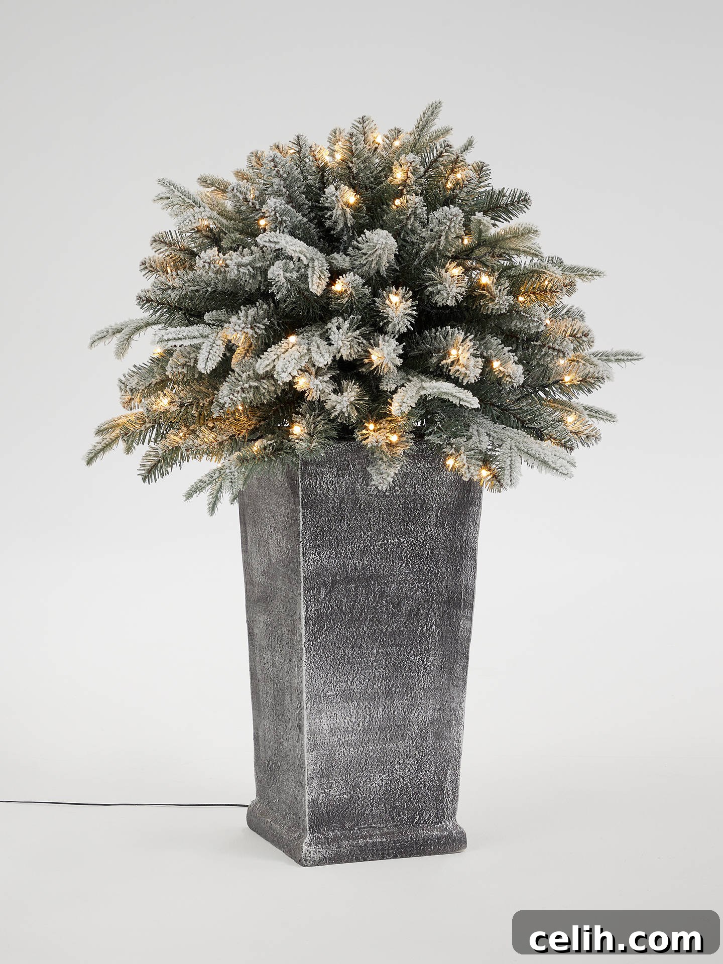 Snowy effect Verbier potted outdoor Christmas tree that comes pre-lit with pure white LEDs