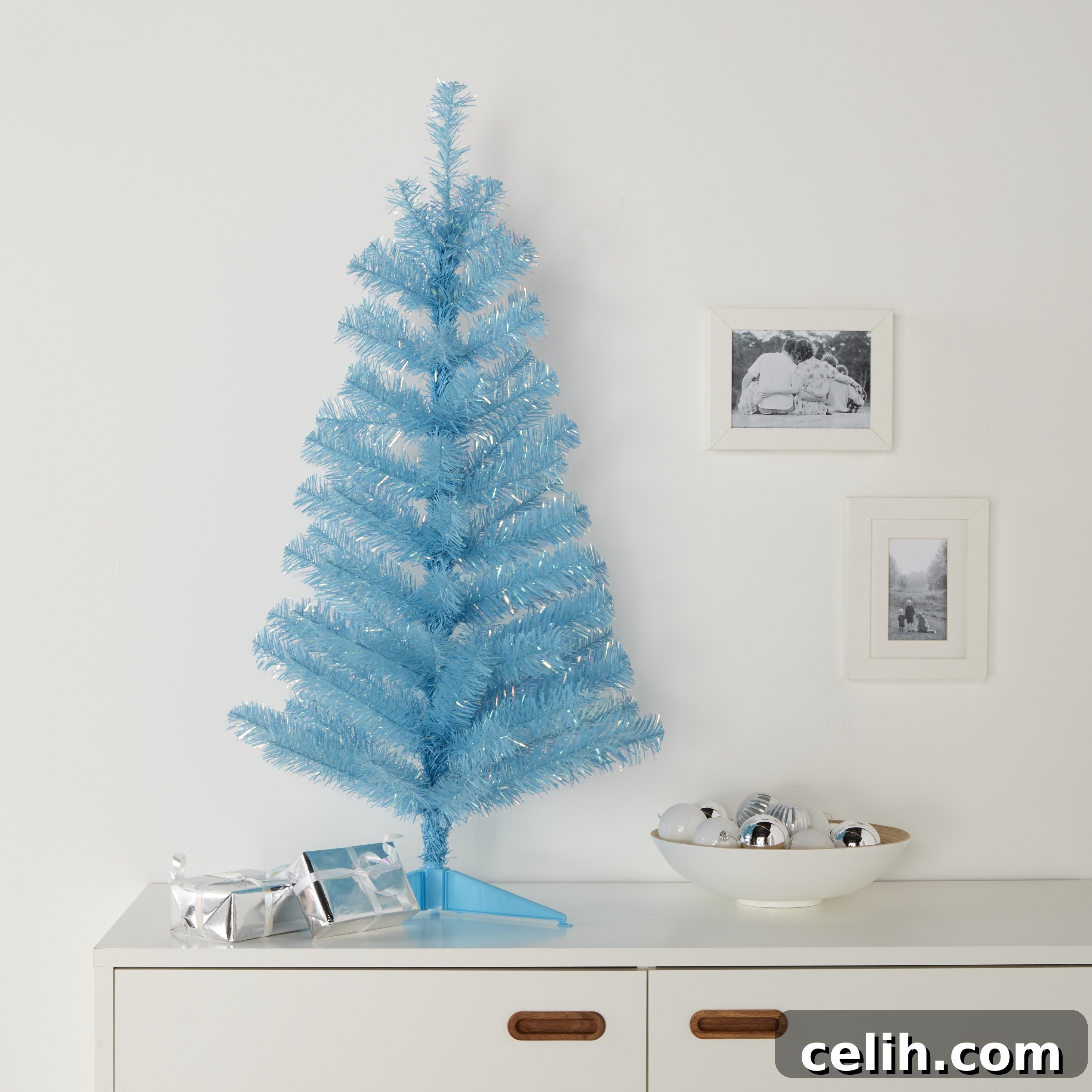 Create an icy winter wonderland with an alternative Christmas tree in blue