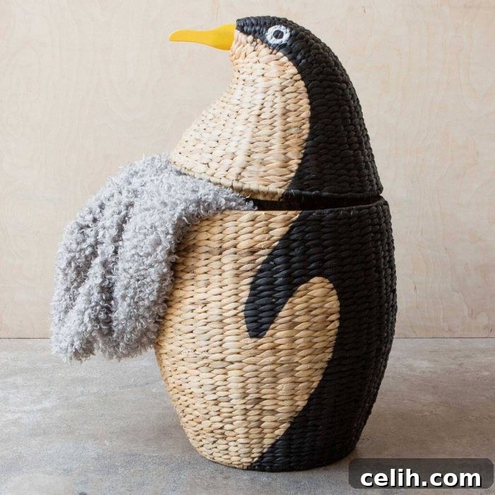 Charming rattan penguin storage basket, perfect for tidying treasures in kids' rooms or adding a whimsical touch to any home decor.