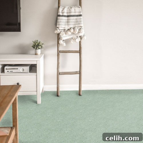 Soothing mint green carpet enhancing a bedroom's interior design