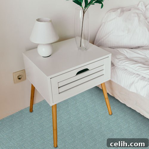 Lovely shade of blue designer carpet for a tranquil bedroom floor