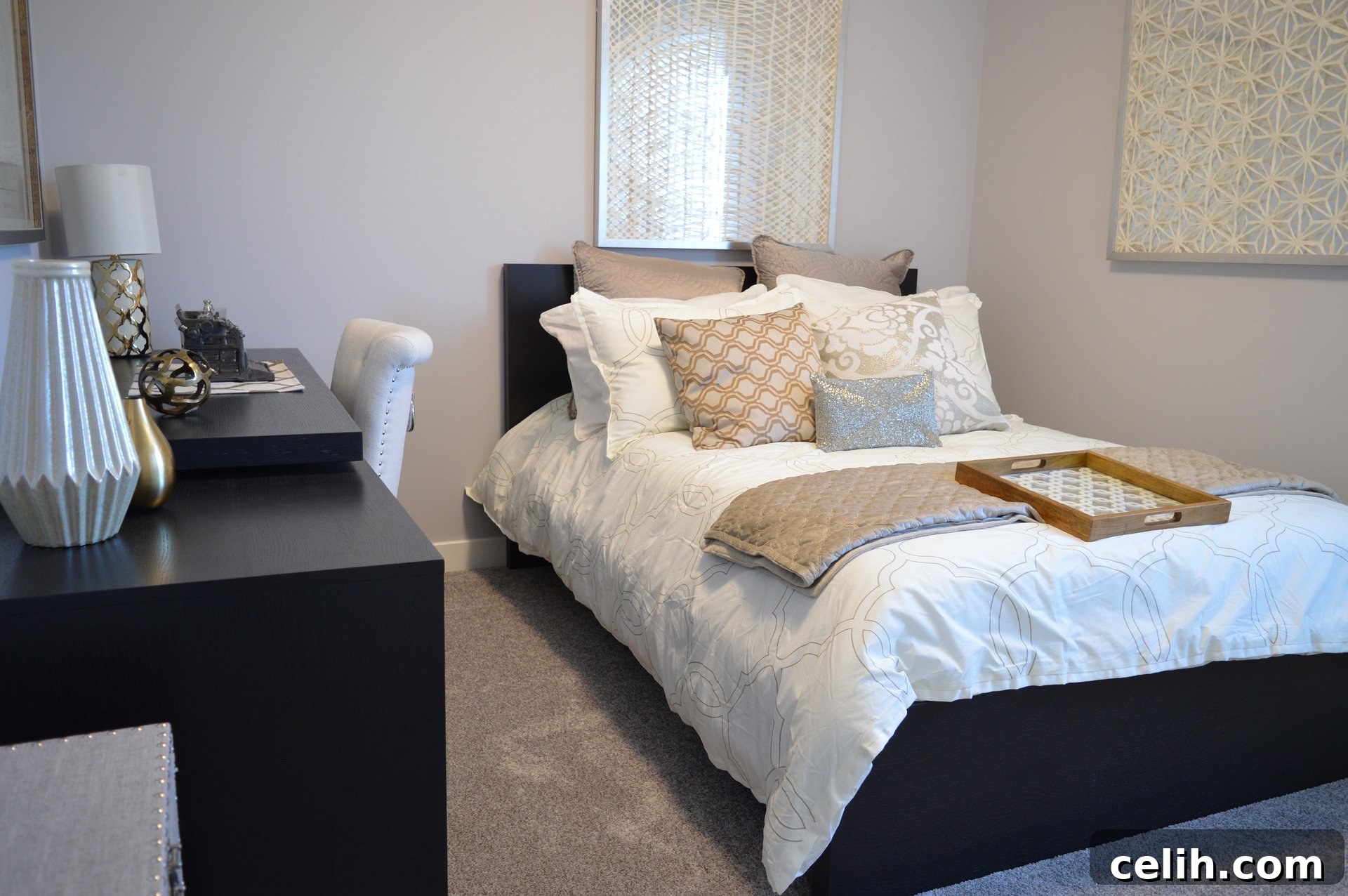 Serene bedroom with a minimalist blind, soft bedding, and updated lighting, showcasing a peaceful retreat.