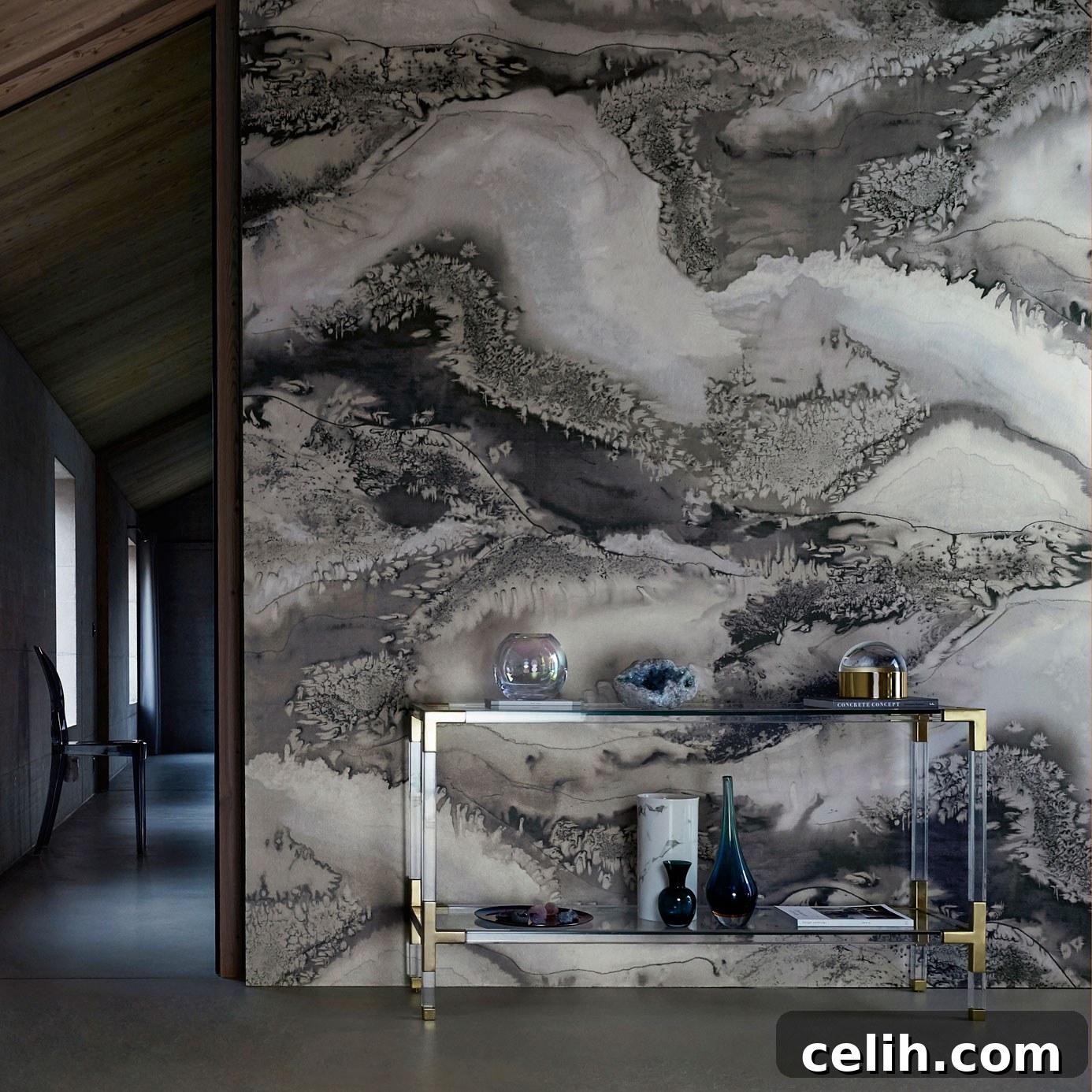 Anthology Obsidian wallpaper panel in Snowflake colourway, creating a striking statement wall.