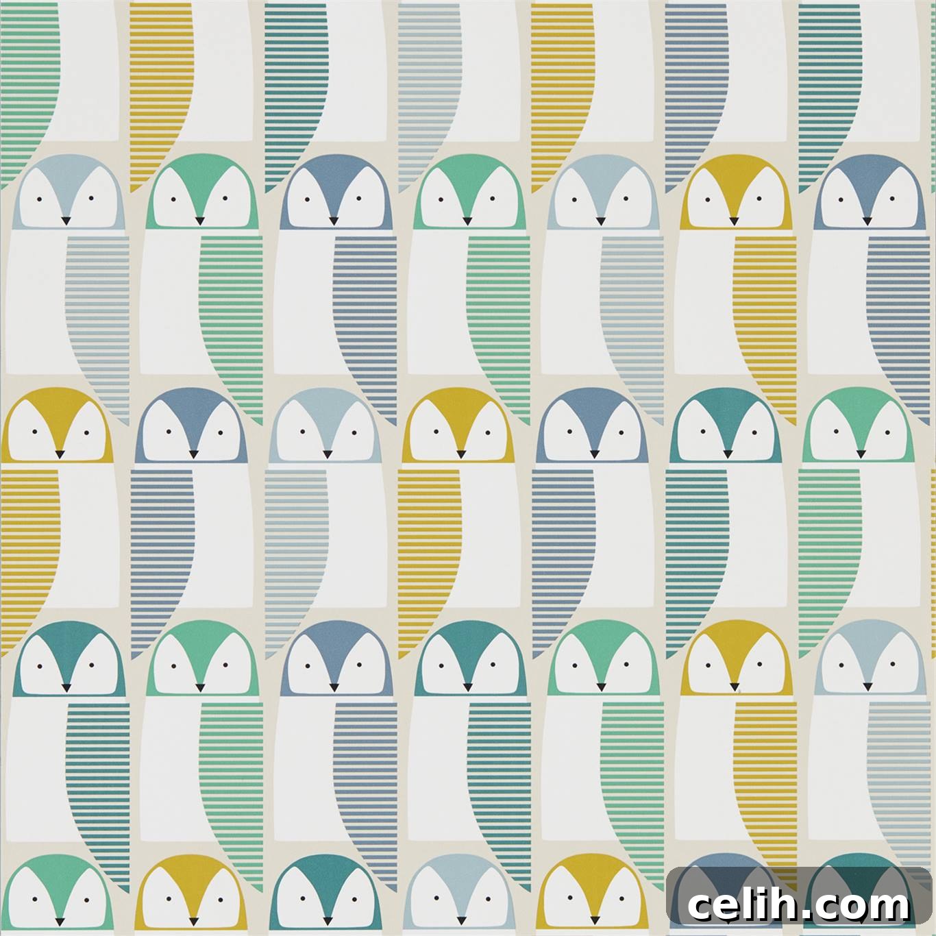 Playful Scandinavian style Barnie Owl wallpaper from the Scion Noukku range in jade, sunshine, and forest.