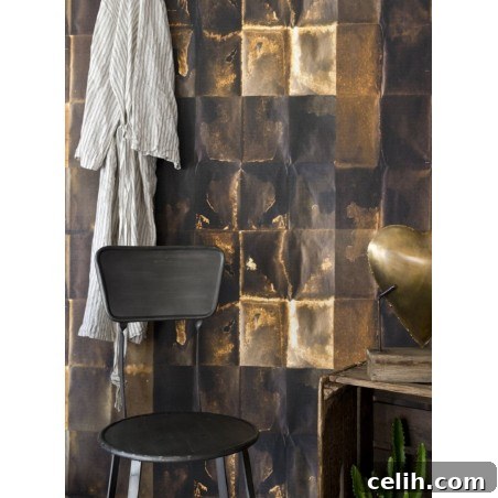Mind the Gap Shibui copper wallpaper from Lagoon, creating a stunning textured effect.
