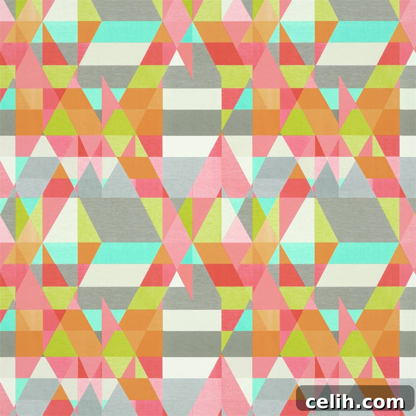 Contemporary Scion Axis wallpaper with a bright geometric design in lime, peony, and sunset colours.