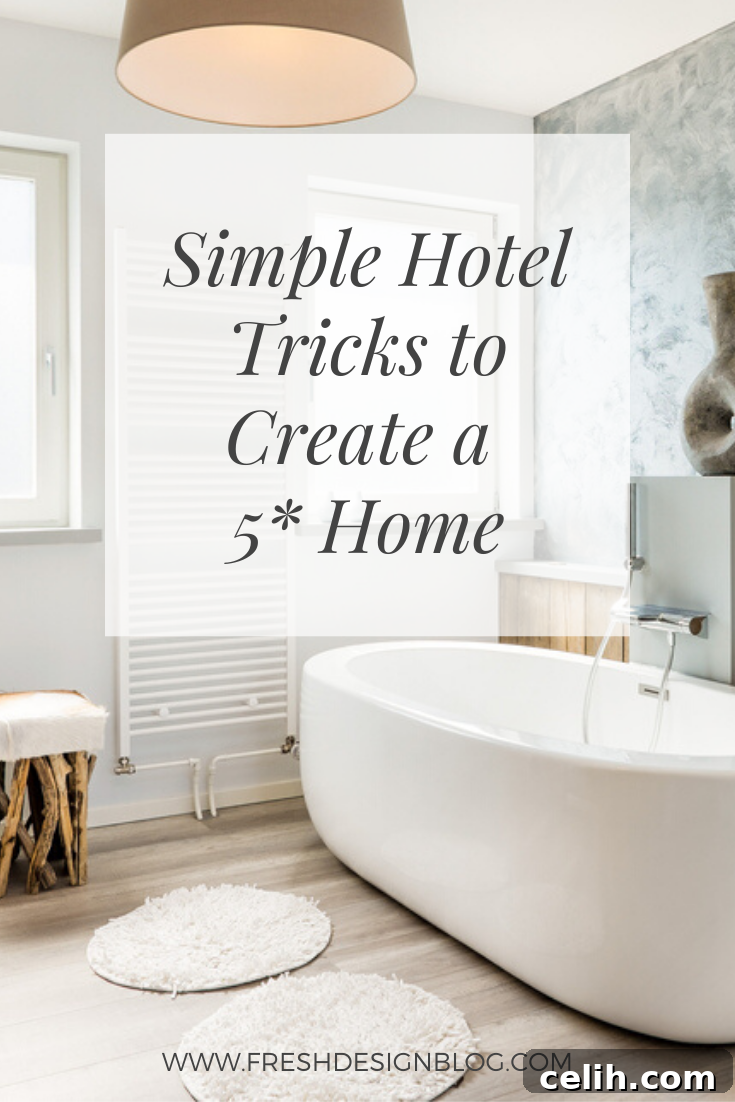 Discover simple hotel tricks to create a 5-star home. A luxurious bathroom with elegant tiles, a freestanding tub, and soft lighting.