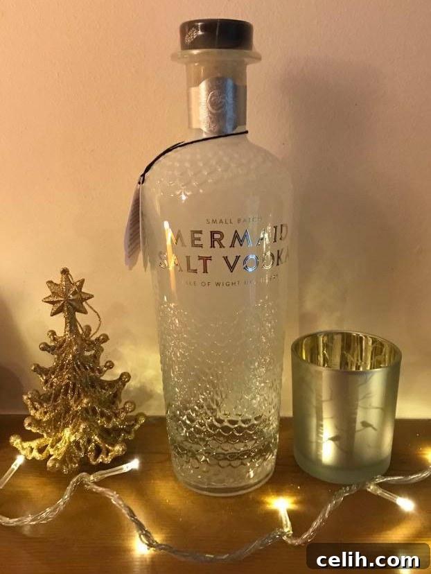 Distinctive Mermaid Salt Vodka bottle from the Isle of Wight Distillery, highlighting its unique textured design