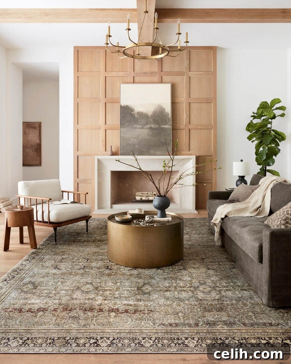 6 Modern Farmhouse Decor Ideas for a Stylish Home Office 2 A stunning vintage rug with faded patterns provides warmth and character to a farmhouse-style home office, complemented by wooden furniture and natural light.