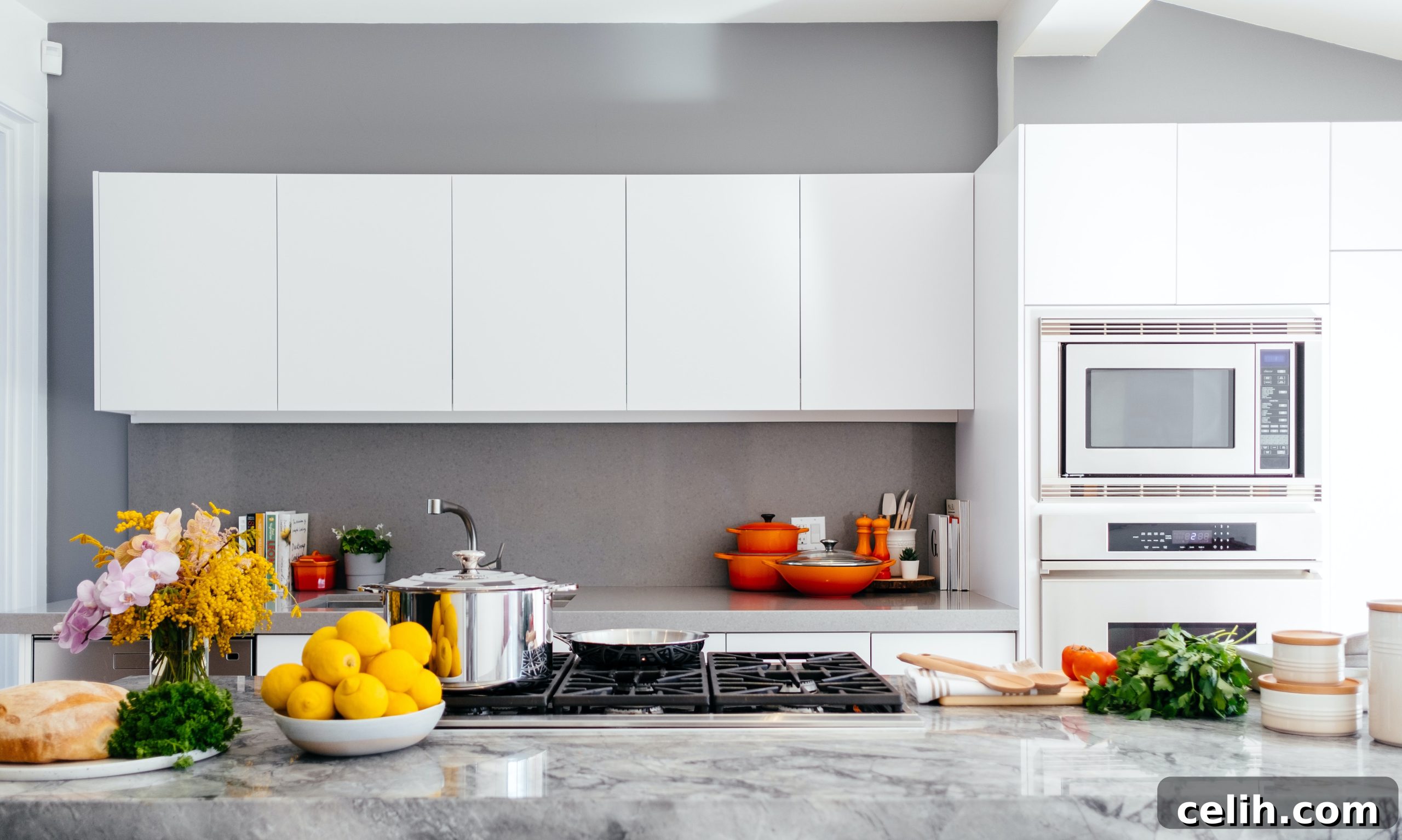 Modern kitchen with grey marble effect worktop, showcasing natural stone beauty