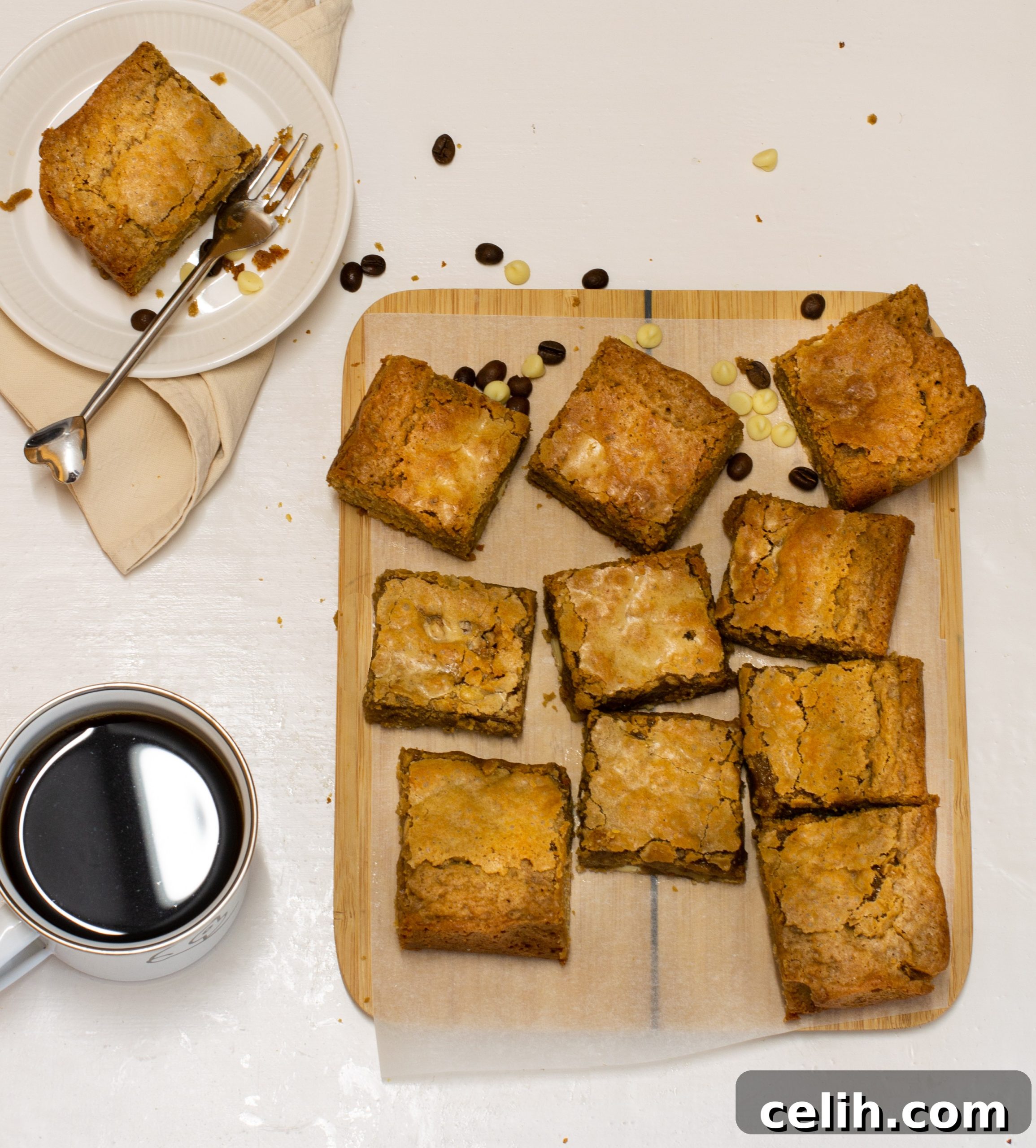 Rich and Perfectly Squidgy Mocha Blondies 3 Step-by-step guide on how to bake moist and flavorful mocha blondies at home, showing ingredients and mixing process.