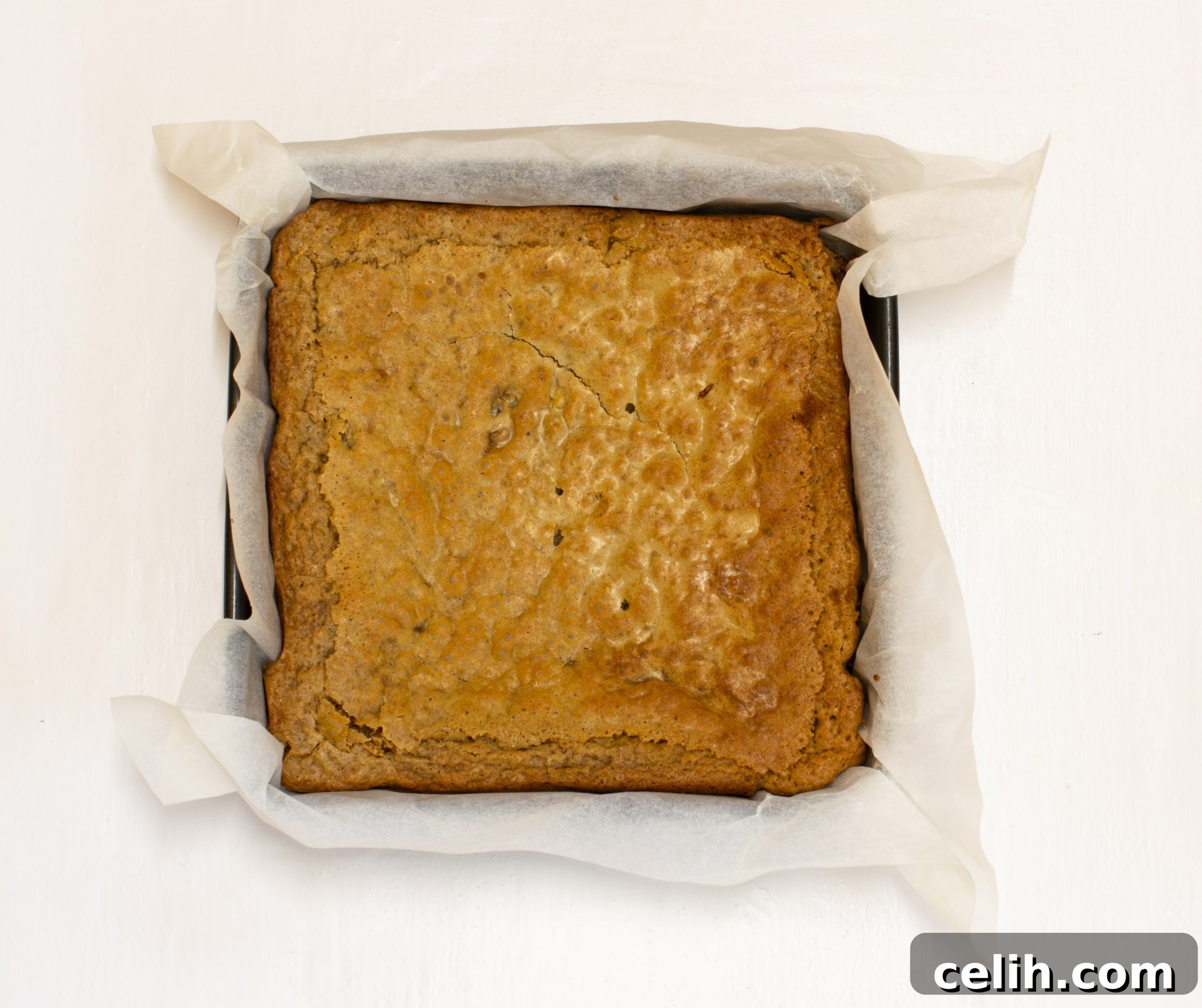 Rich and Perfectly Squidgy Mocha Blondies 4 Freshly baked mocha blondies resting in their tin, glistening with melted chocolate and promising an indulgent experience.